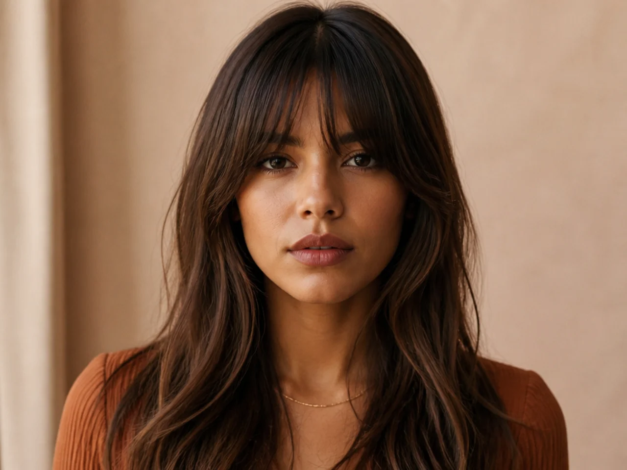 Long French bangs sitting below the brow