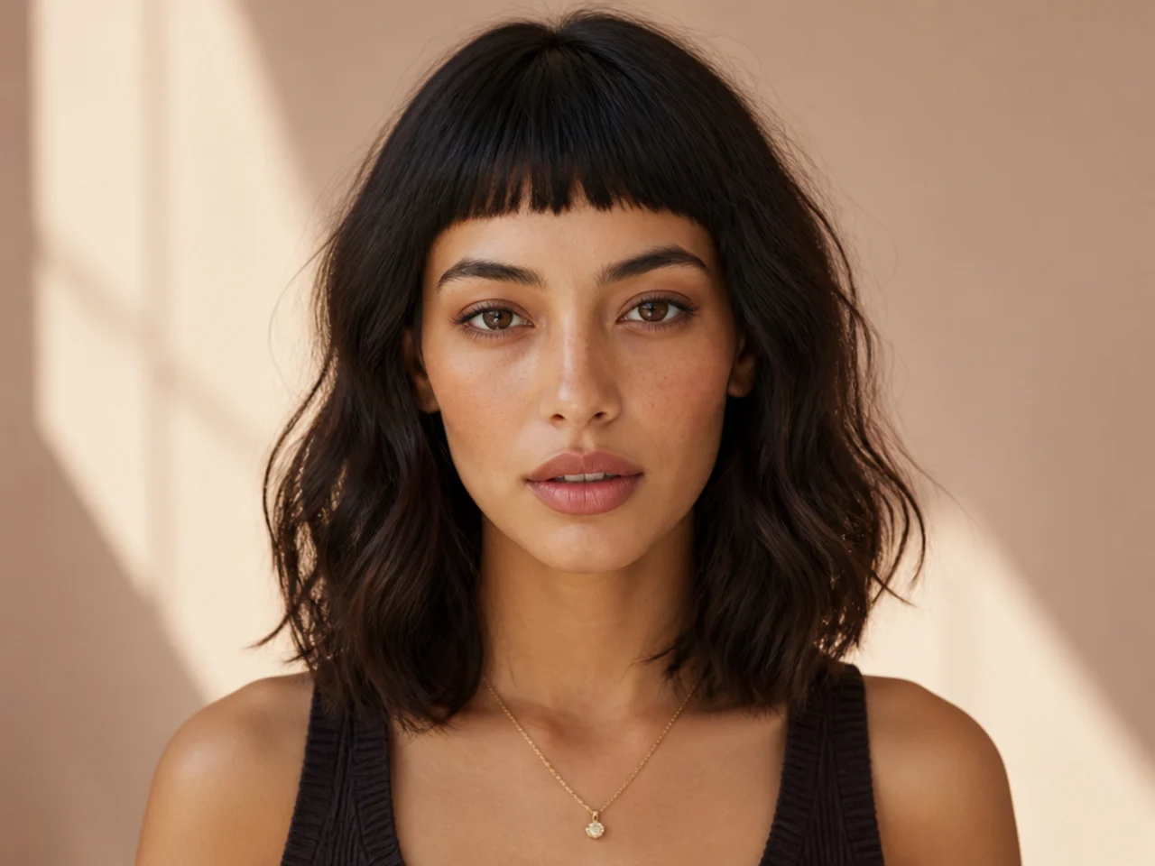 Short French bangs cut above the brow