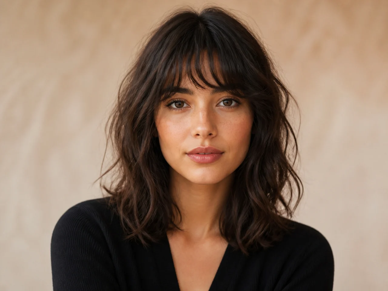 Wavy French bangs with natural movement