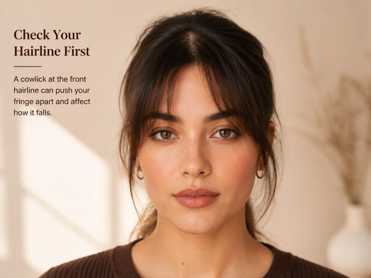 A cowlick at the front hairline pushing a fringe apart