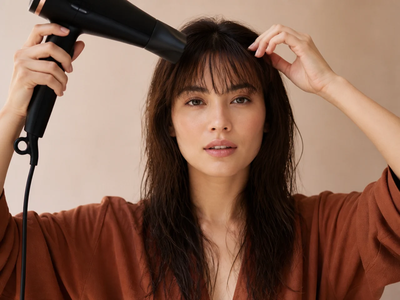 A fringe being rough-dried side to side straight after washing
