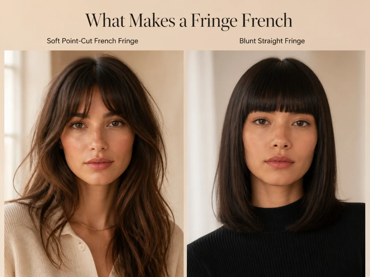 A soft point-cut French fringe beside a blunt straight fringe