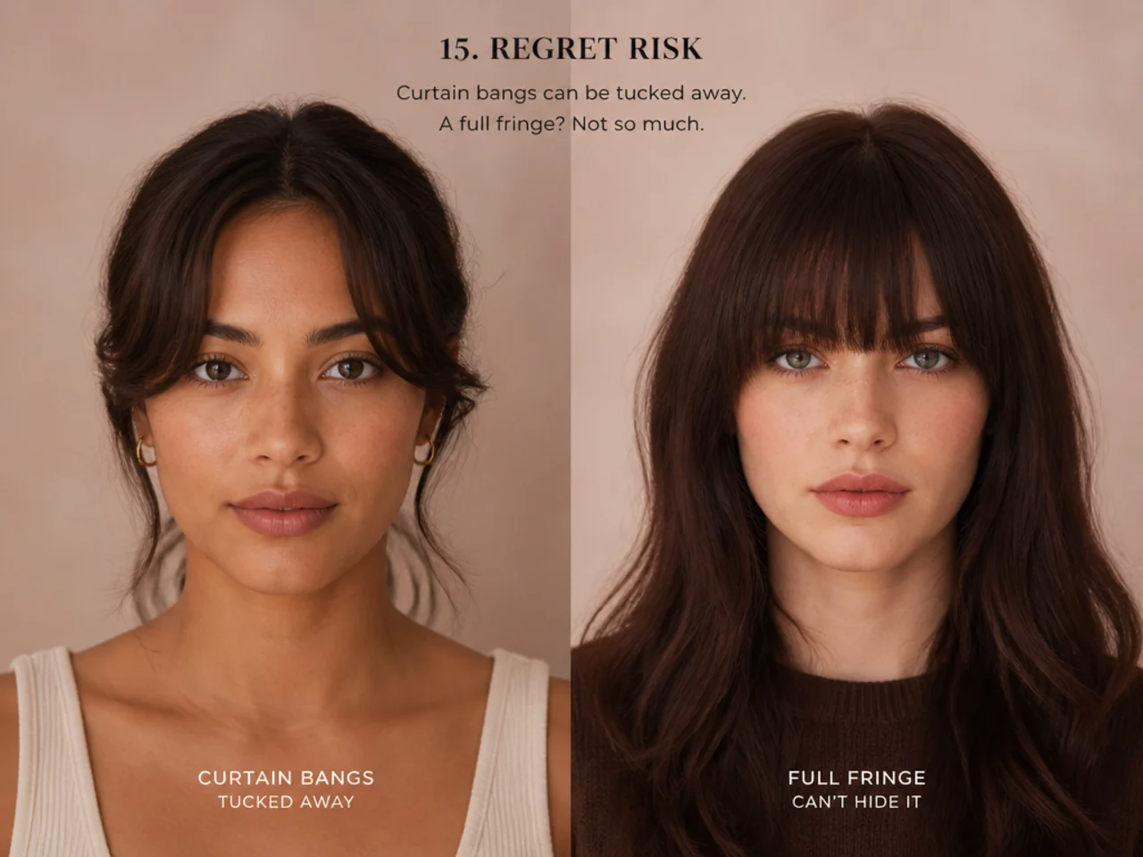 Curtain bangs tucked away compared with a fringe that cannot be hidden