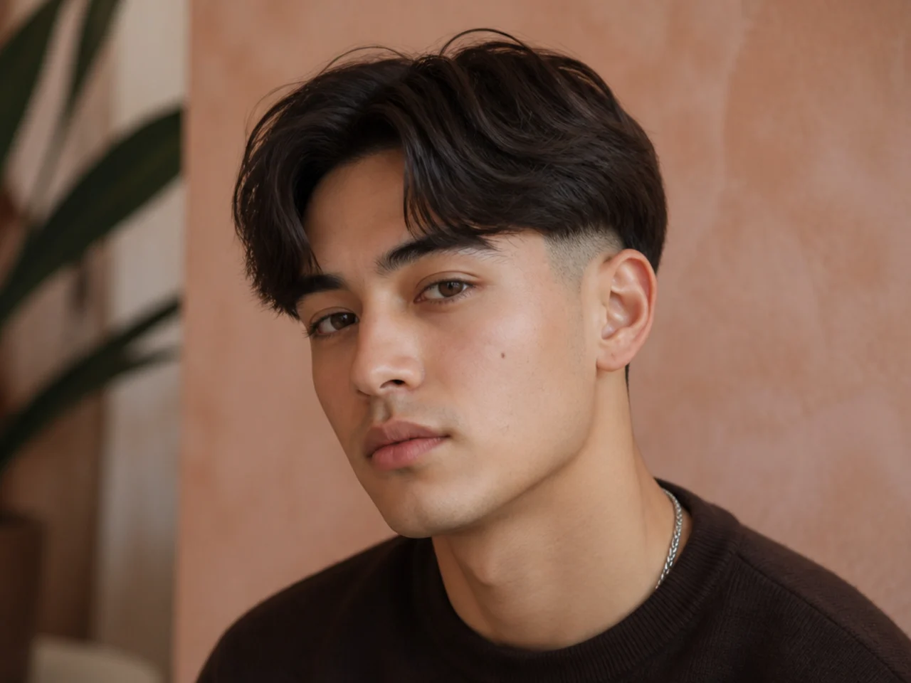 A middle-part fringe with a low fade