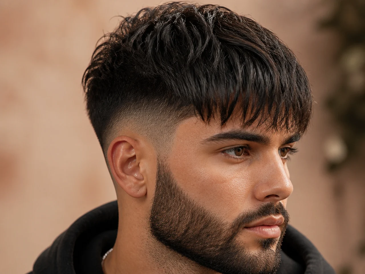A fringe with a fade connected into a beard