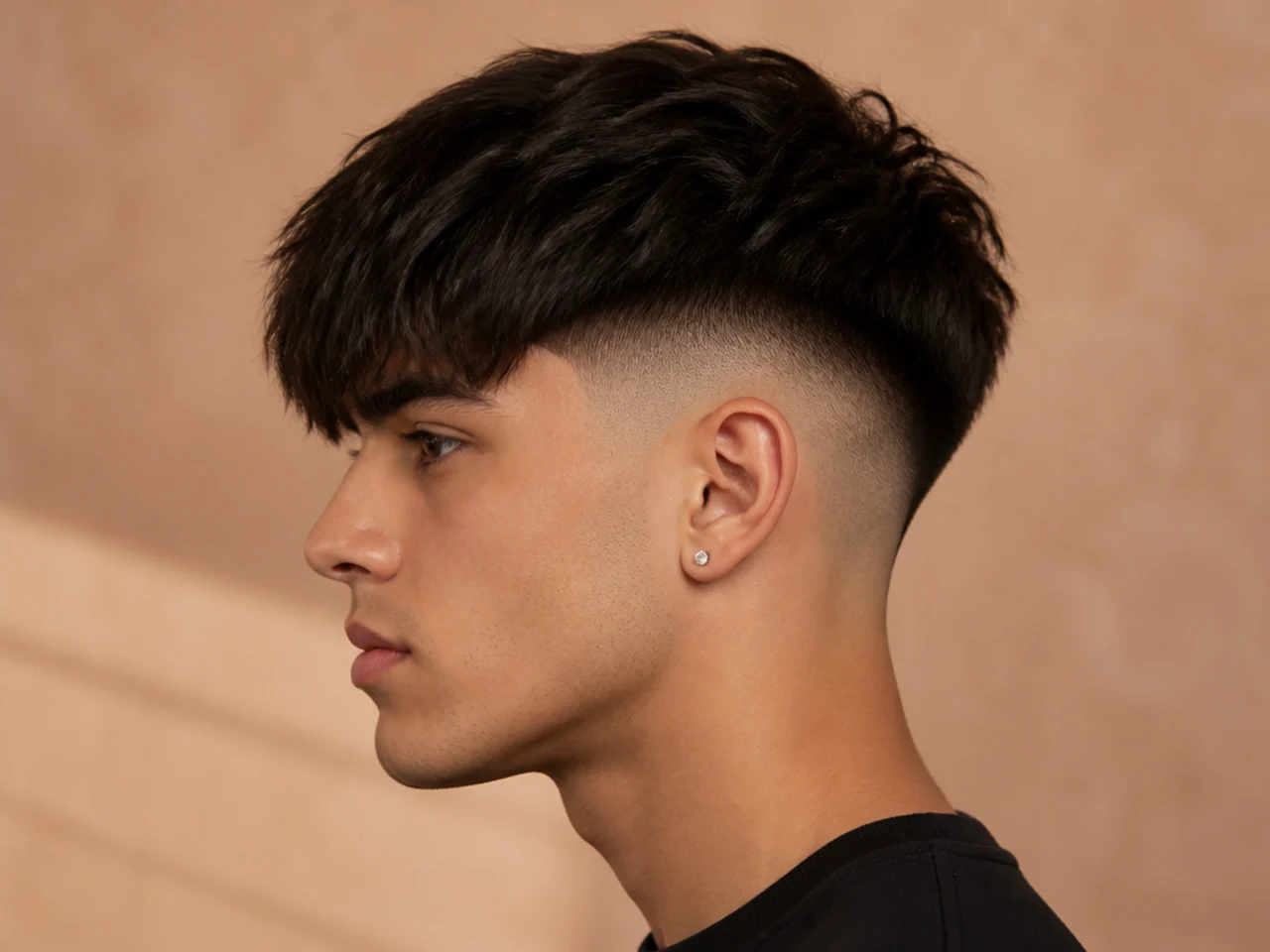 A heavy fringe above a high fade