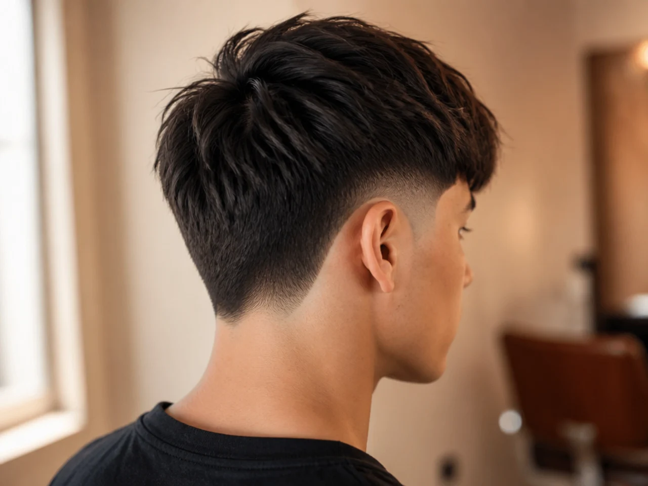 A fringe with a burst fade around the ear