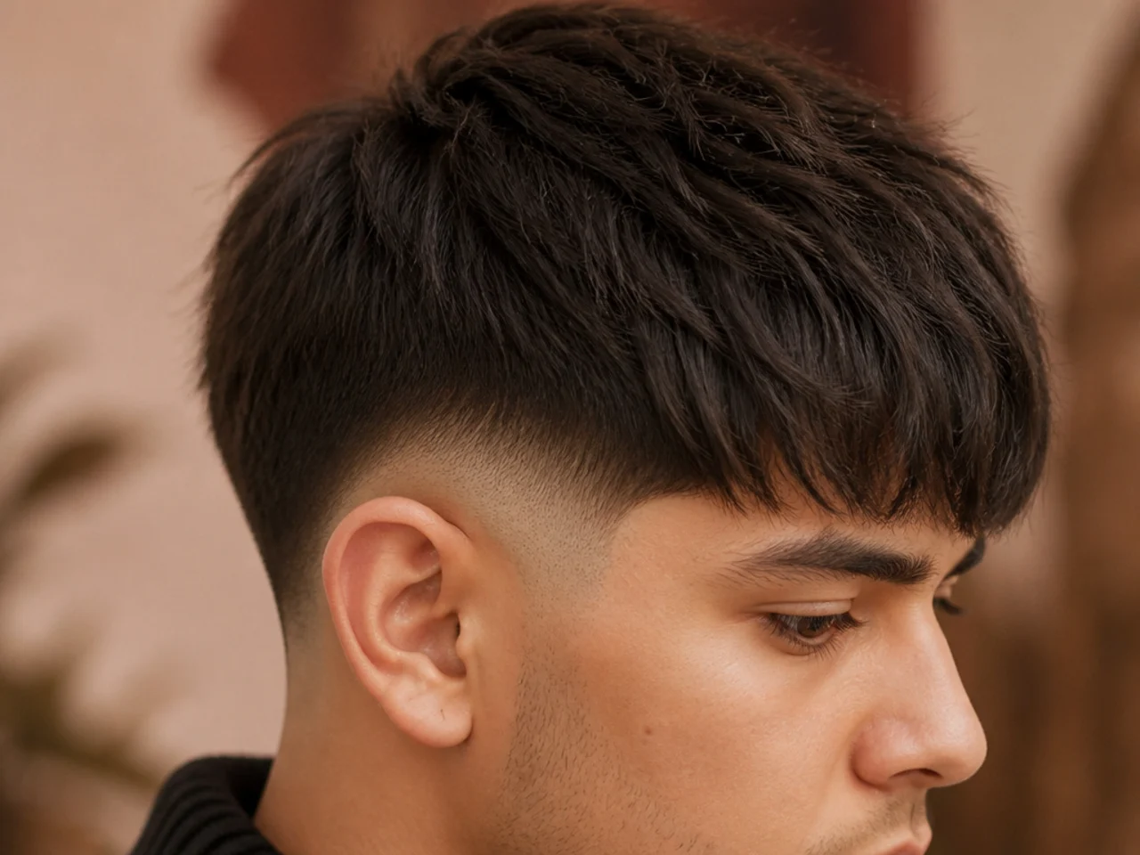 A fringe with a drop fade curving behind the ear