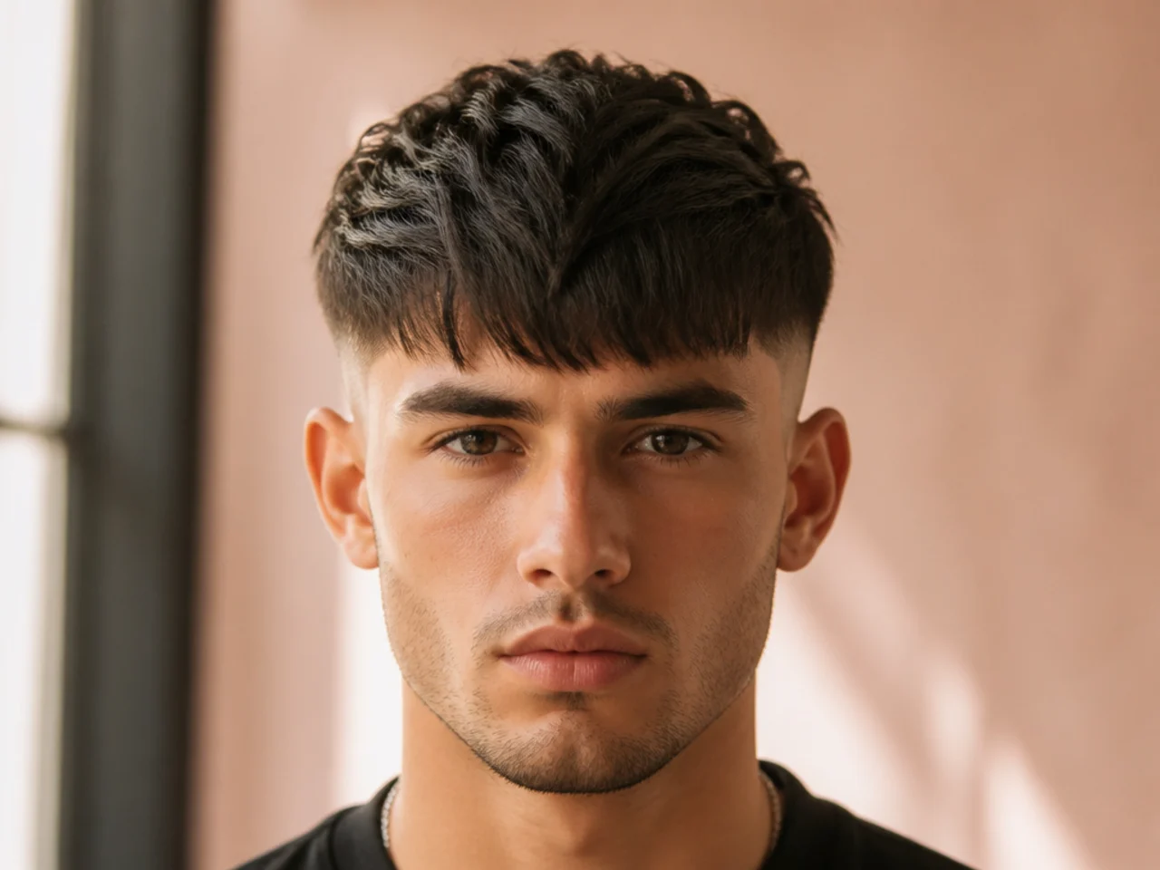 A fringe with a temple fade at the corners