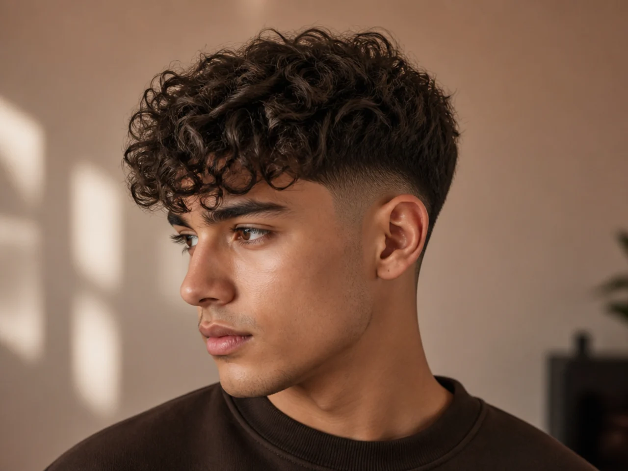 A curly fringe above a low fade