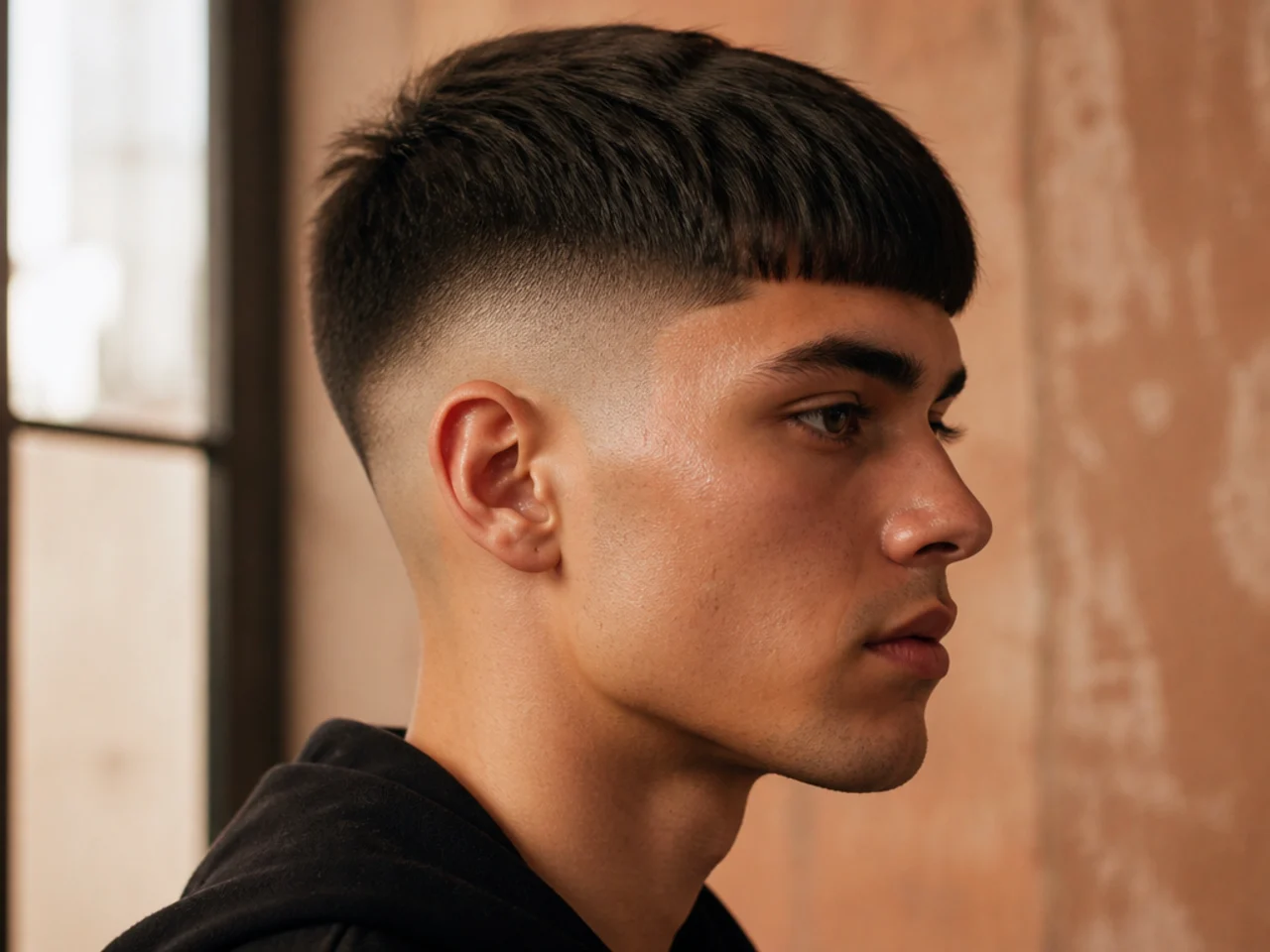 A straight blunt fringe above a skin fade