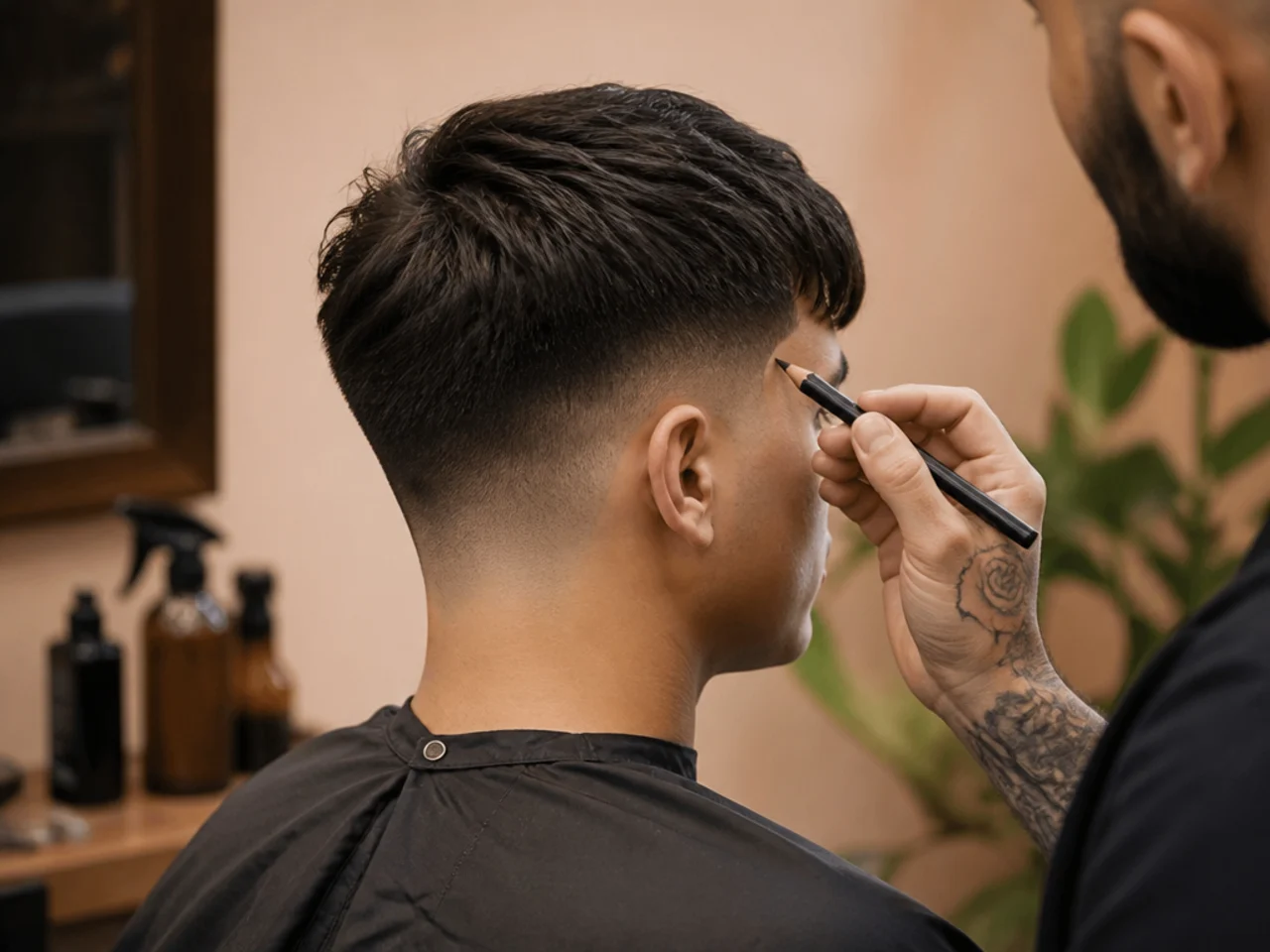 A barber marking the temple corner between a fringe and a fade