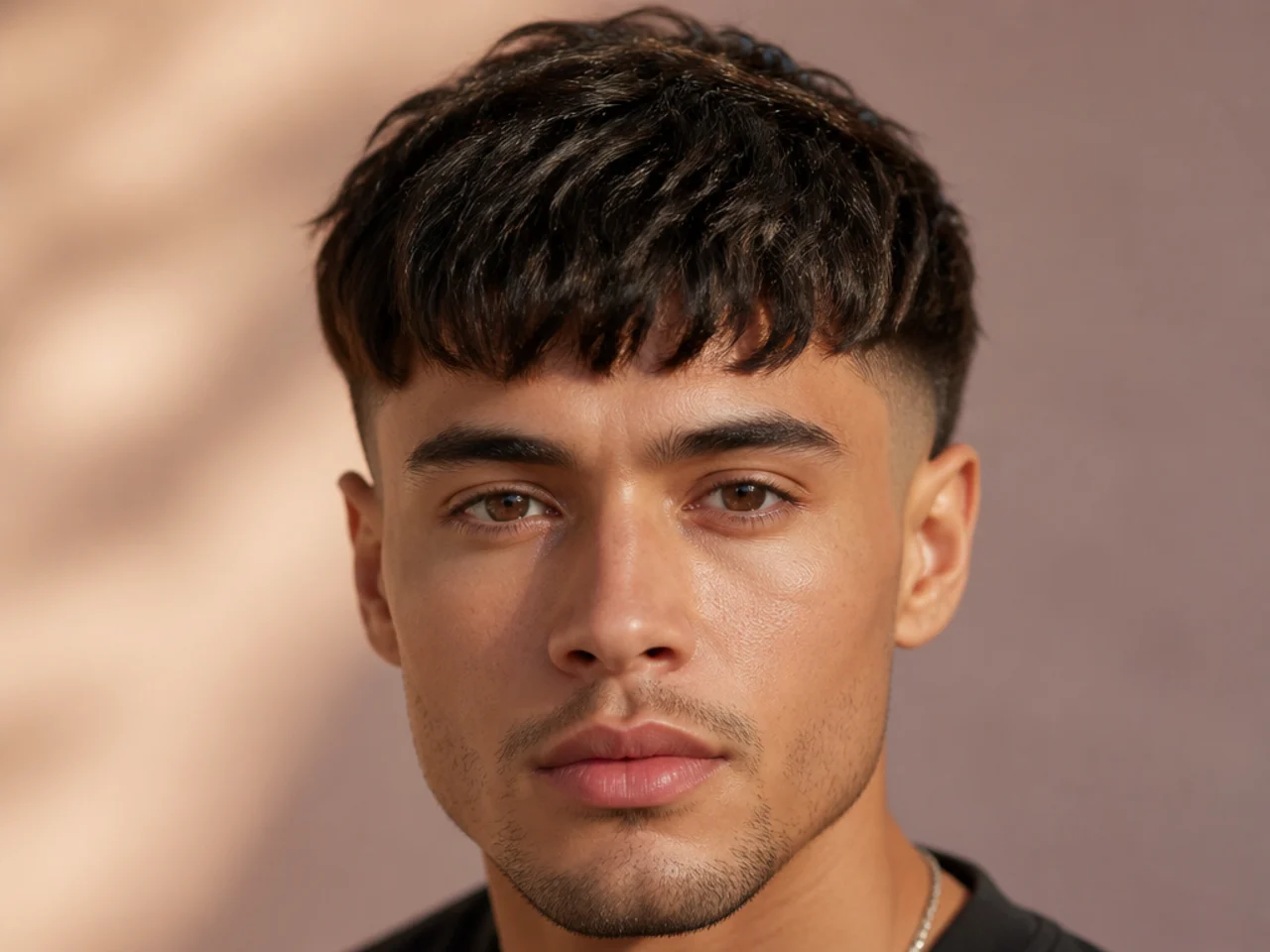 A fringe with a burst fade around the ear