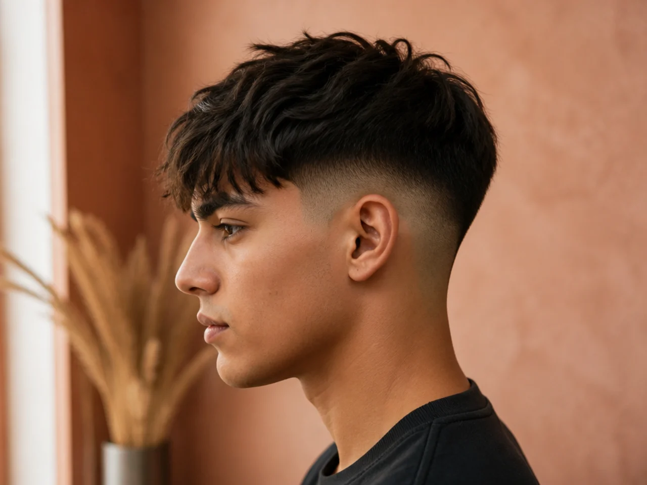 A side profile reference photo of a fringe haircut