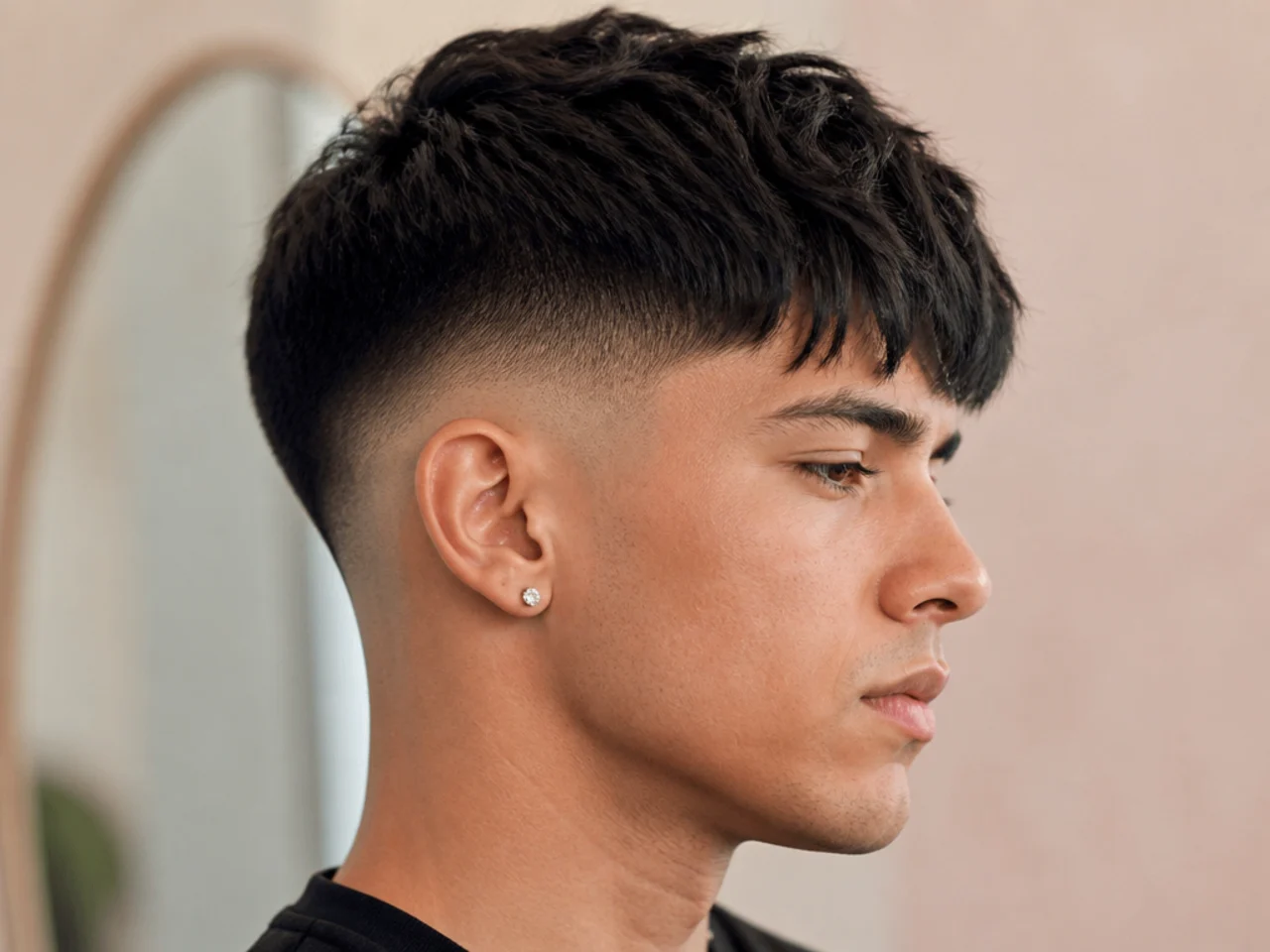 A fringe above a fresh skin fade