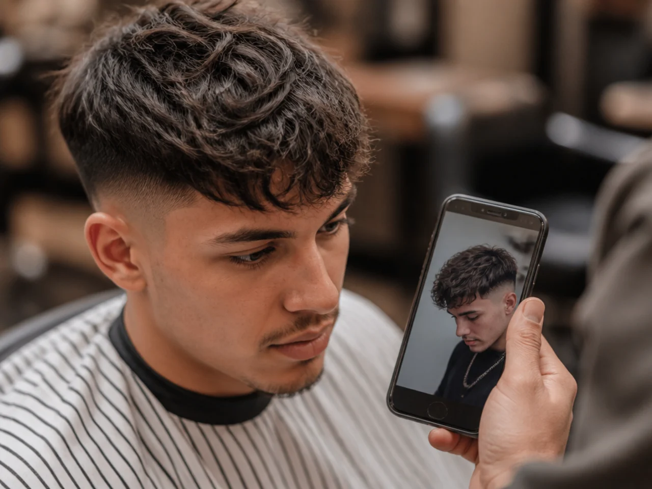 A phone showing a saved fringe photo in a barbershop