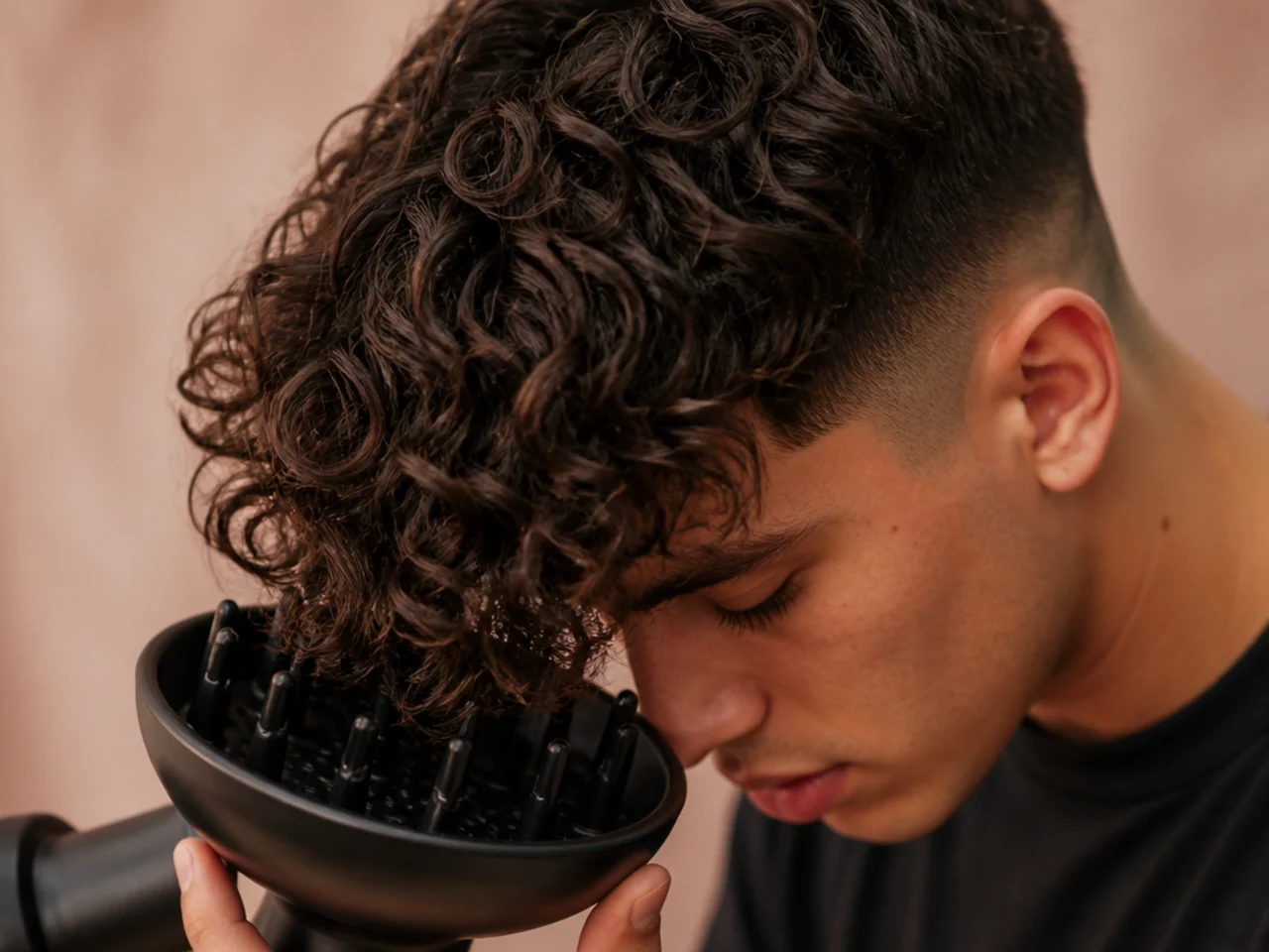 A diffuser cupped under a curly fringe