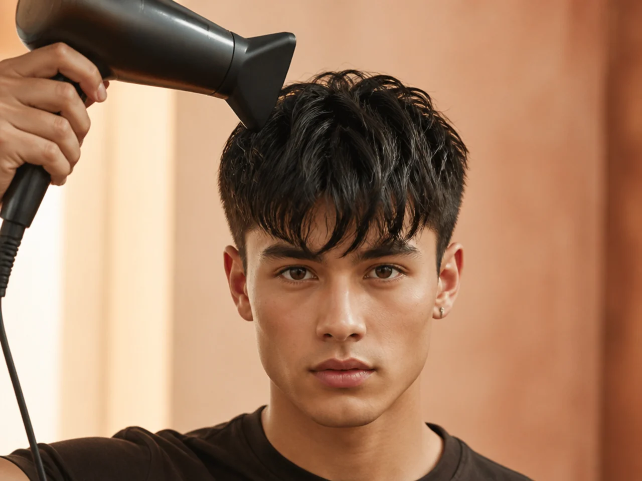 A fringe being dried against a cowlick direction