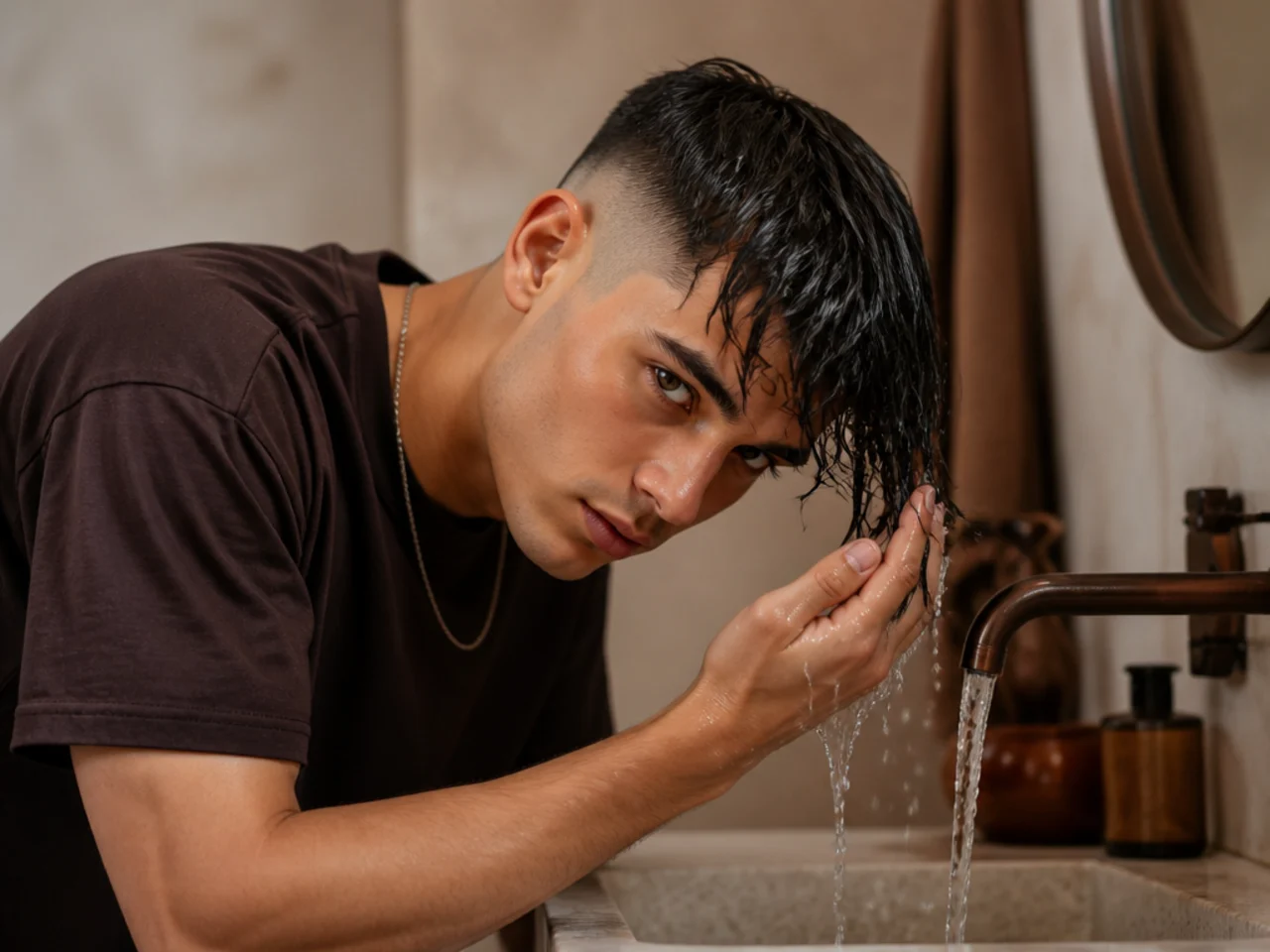 A fringe being re-wet under a tap for restyling