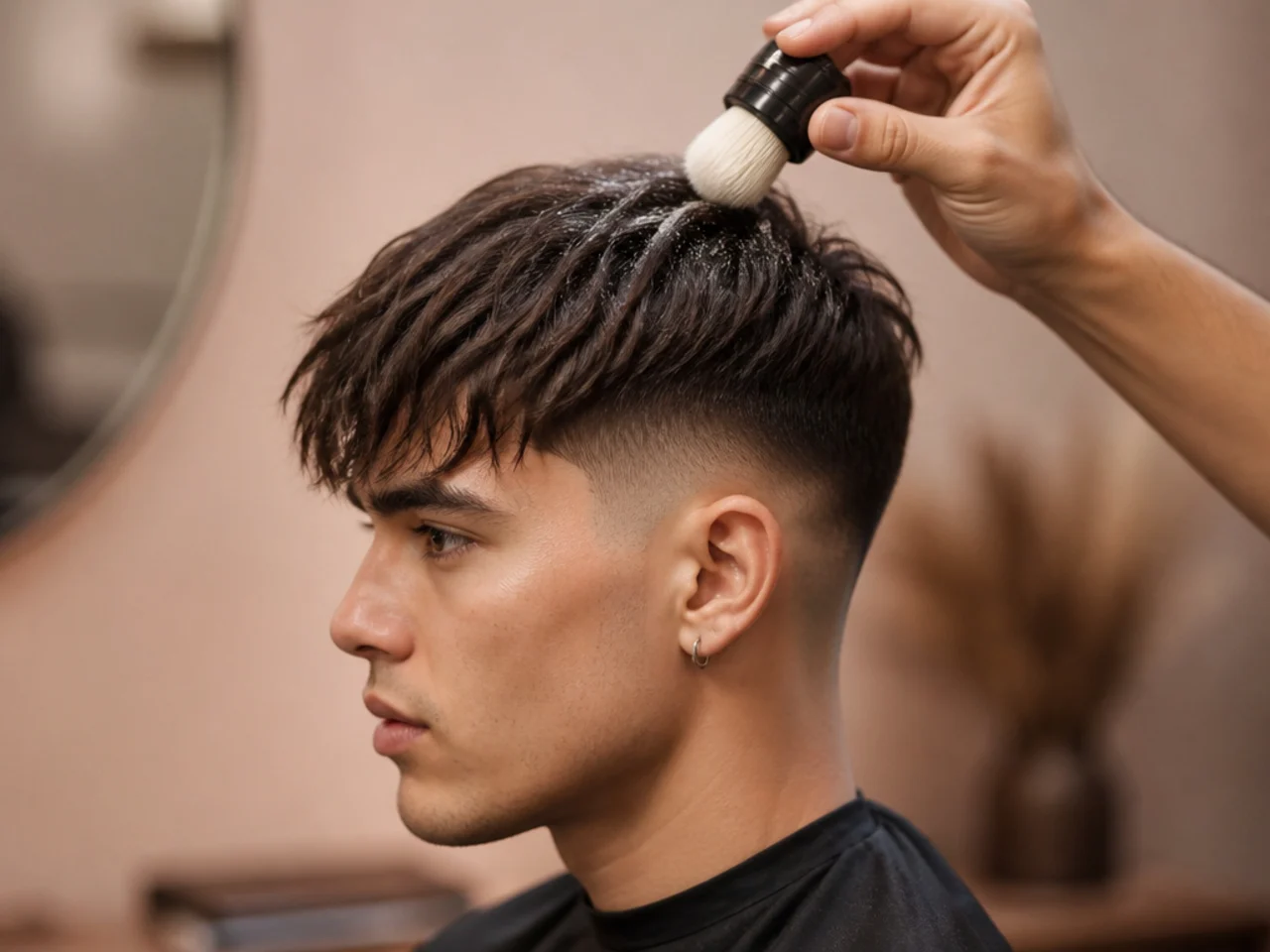 Texture powder being tapped into the roots of a fine fringe