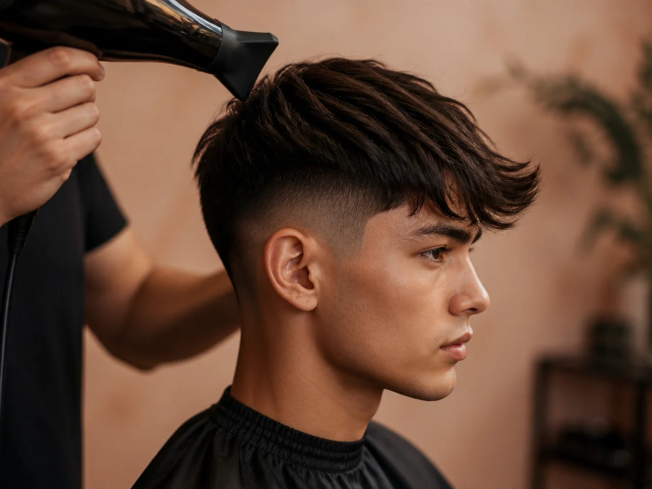 A fringe being dried diagonally across the forehead