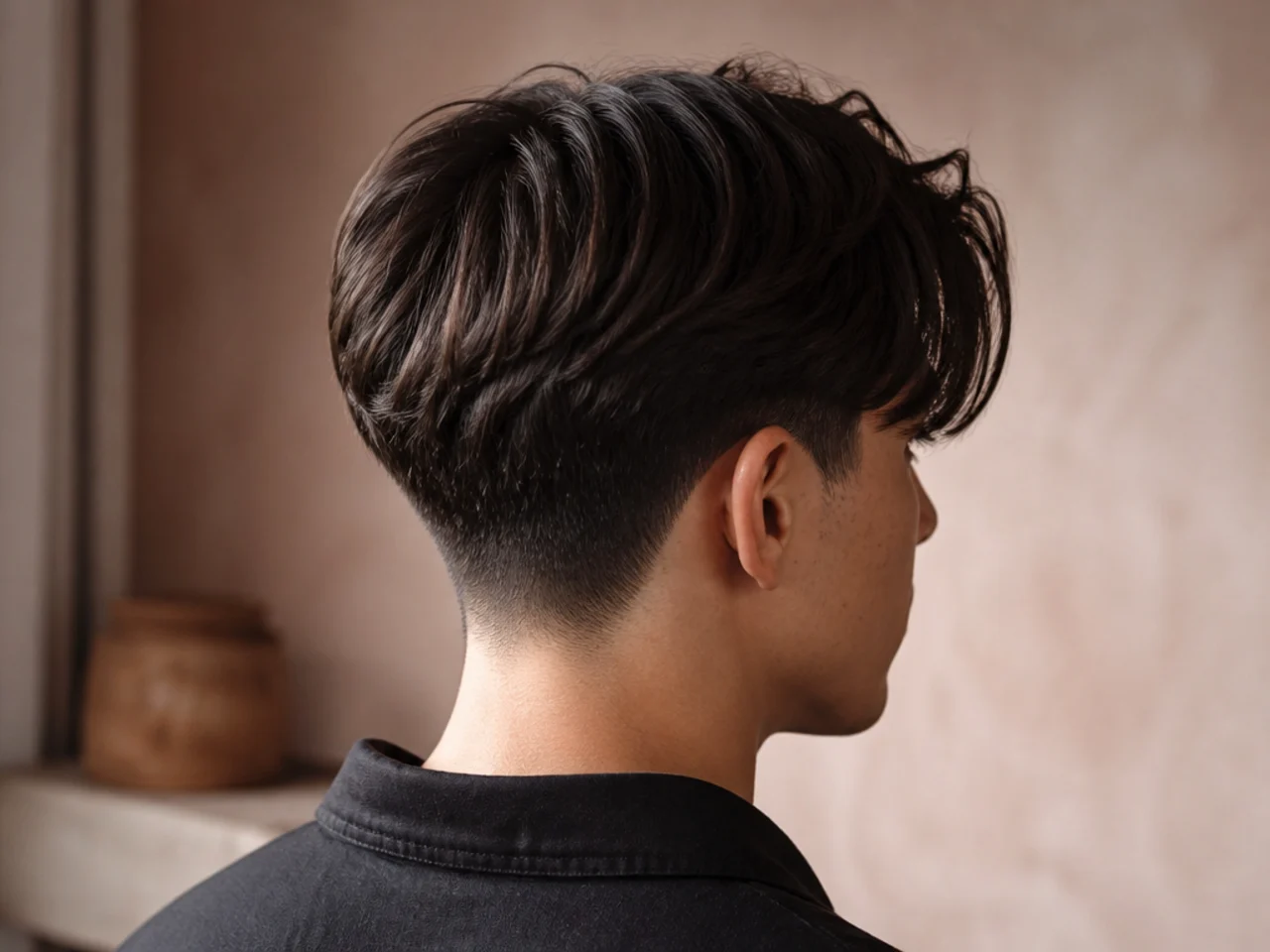 A fringe parted down the centre and dried outward