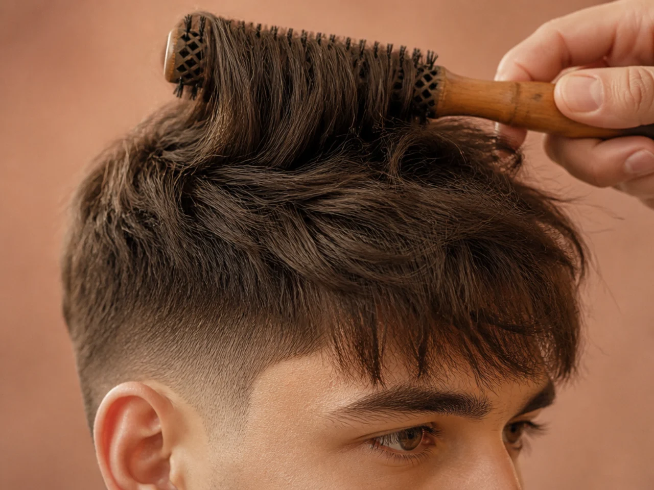 A round brush lifting the roots of a fringe