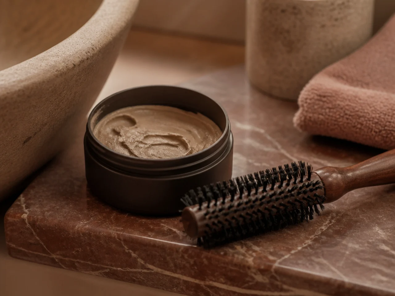 A clay tub and a small round brush on a bathroom shelf