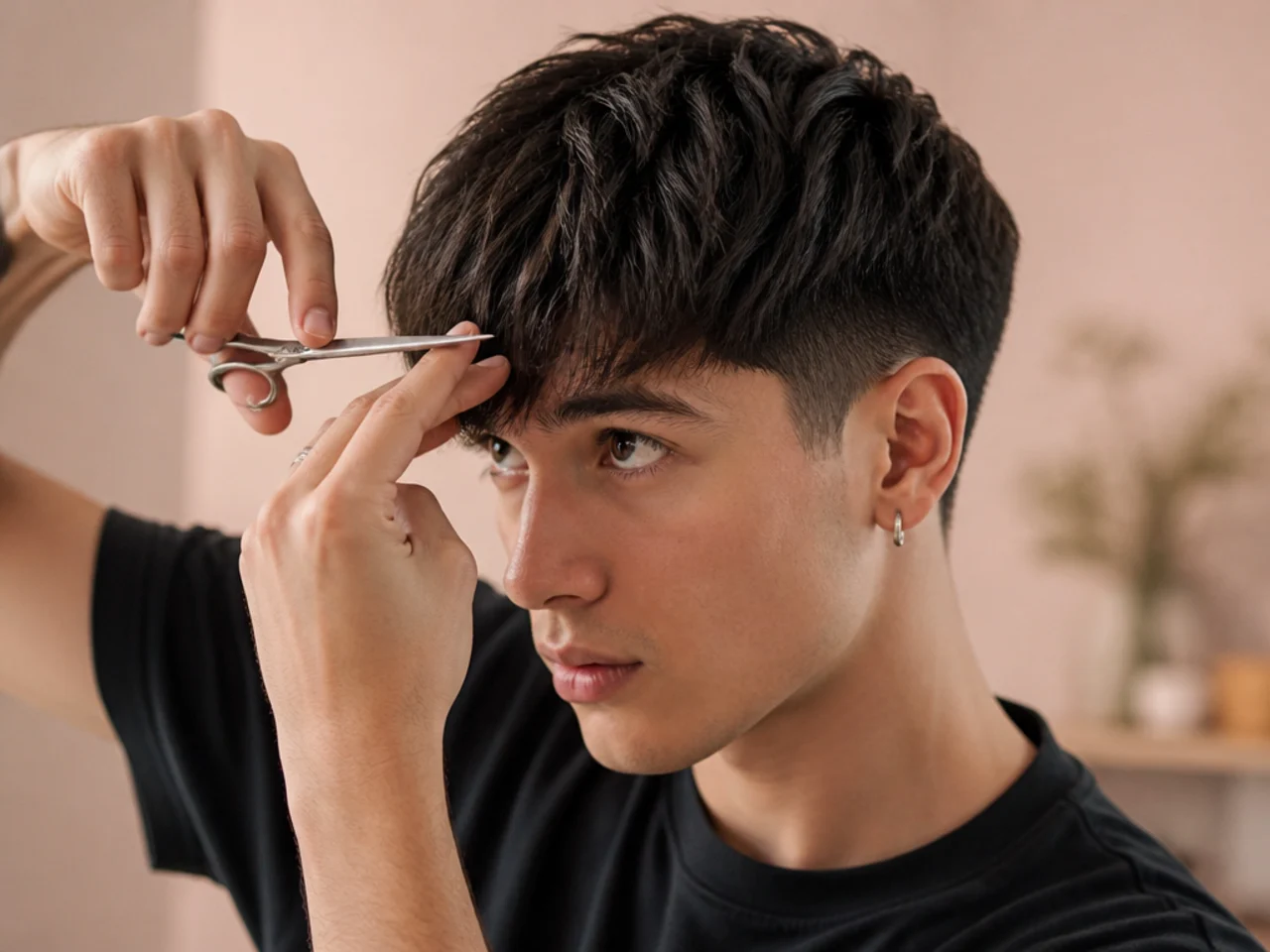 A fringe being trimmed at home with scissors