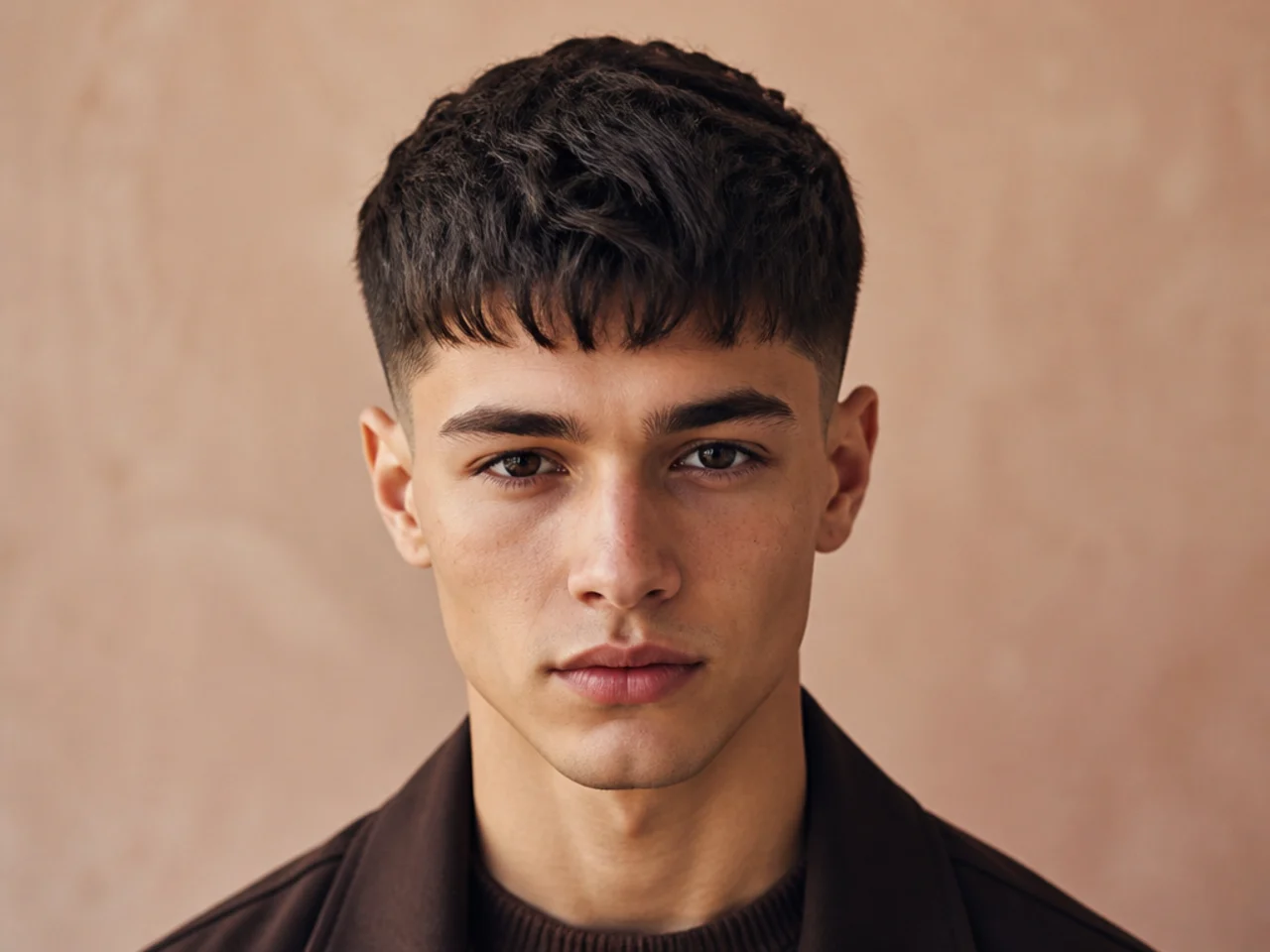 A short textured crop fringe above the eyebrow