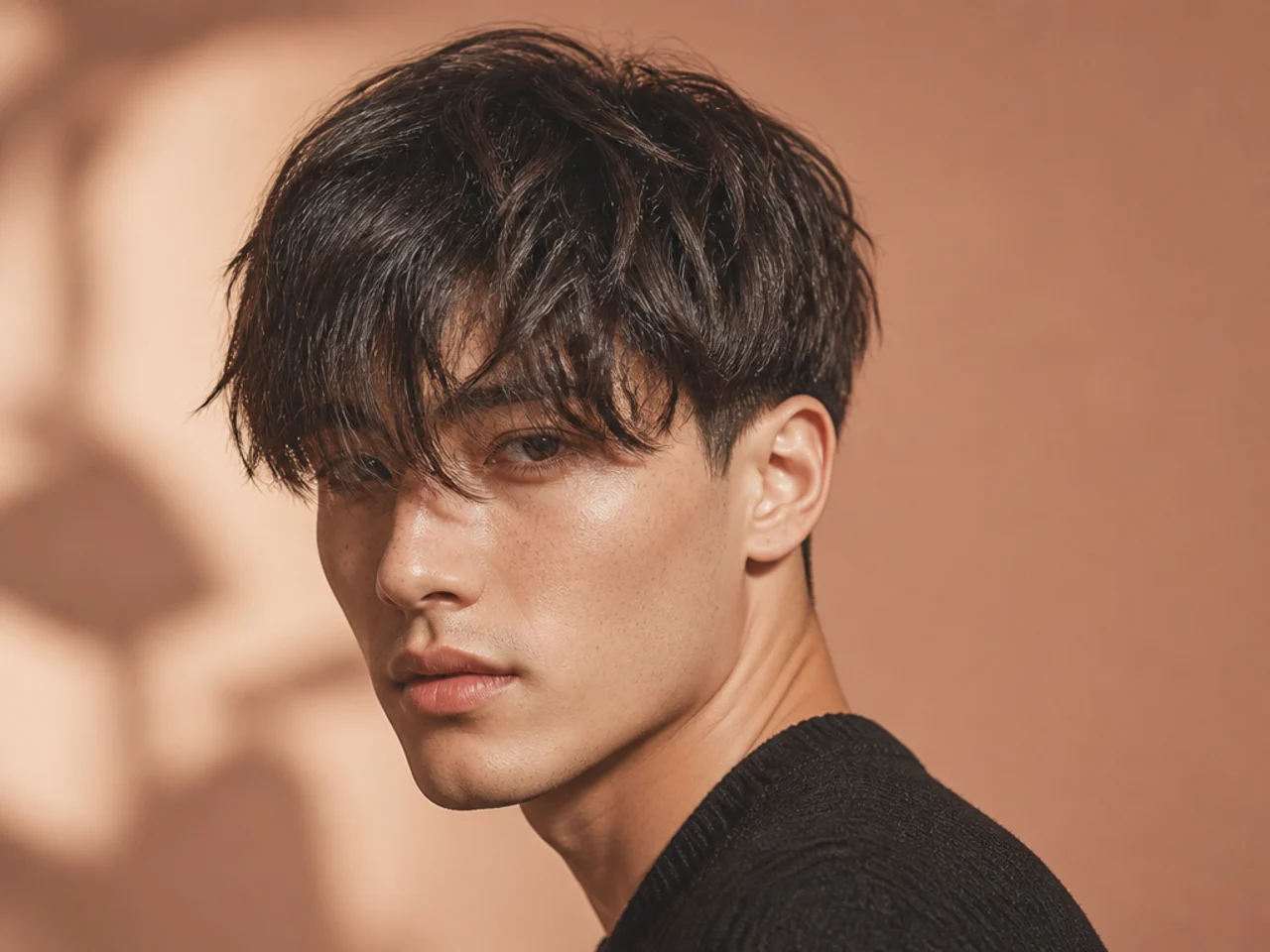 A long fringe falling into the eyes