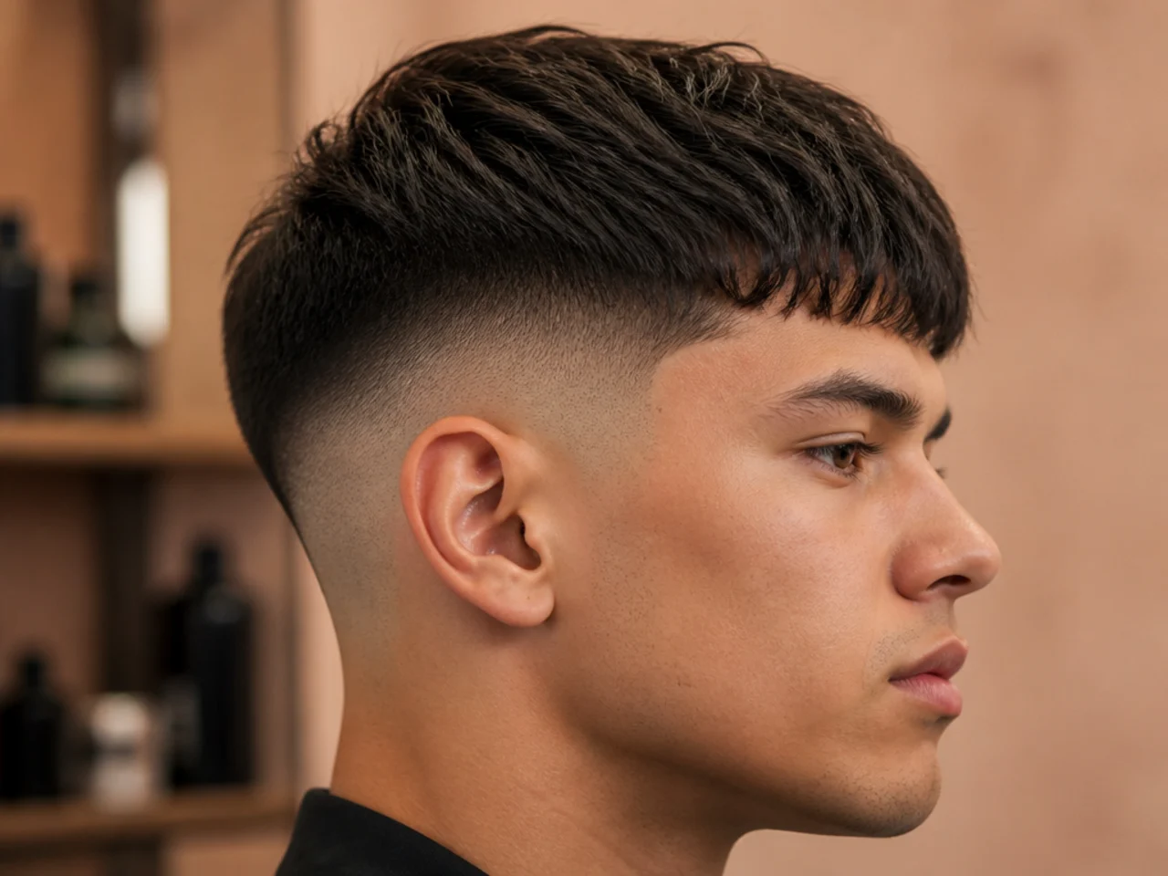 A fringe above a skin fade at one week