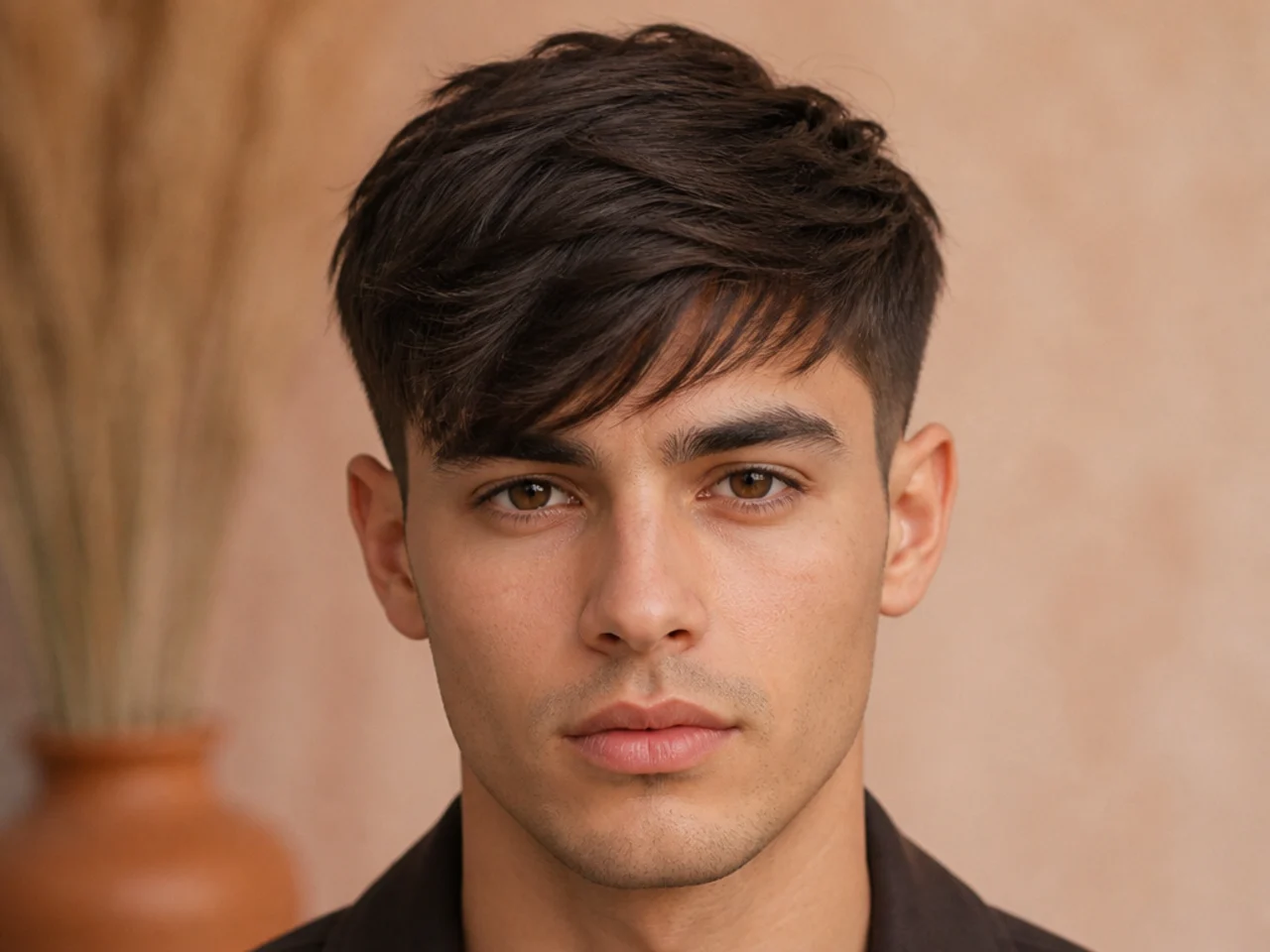 A fringe swept diagonally across the forehead