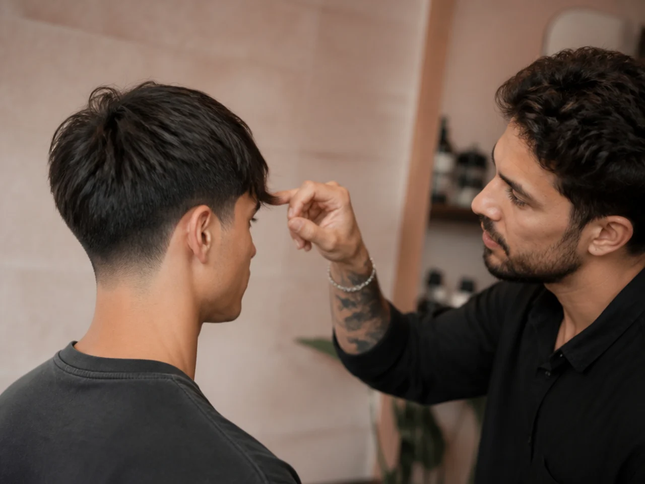 A barber discussing fringe length against the eyebrow