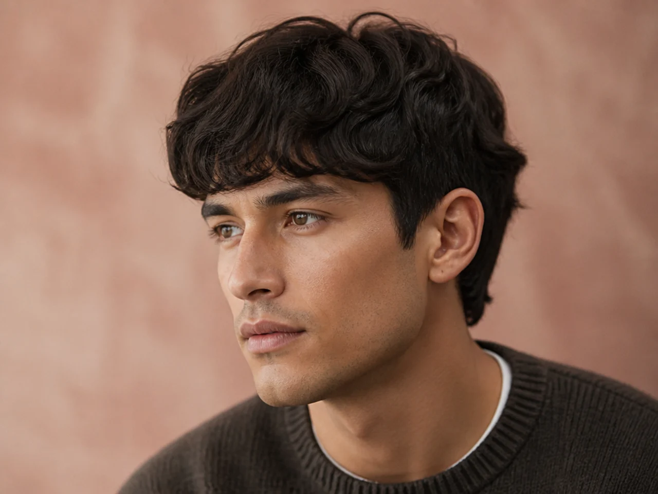 Grown-out Ivy League fringe with soft side lean and neat tapered sides