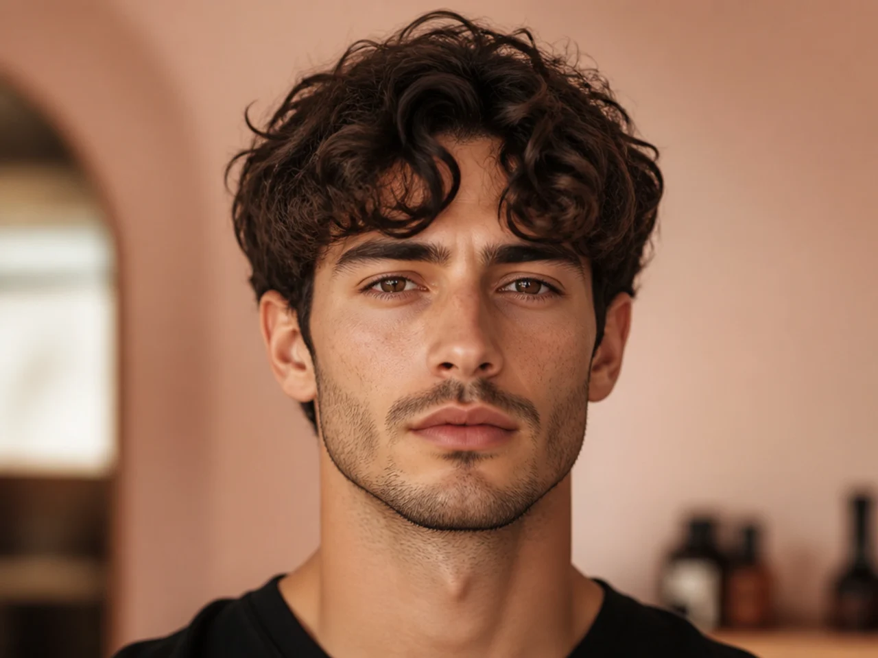 Center-curl twin comma fringe with mirrored forward curls across a middle part