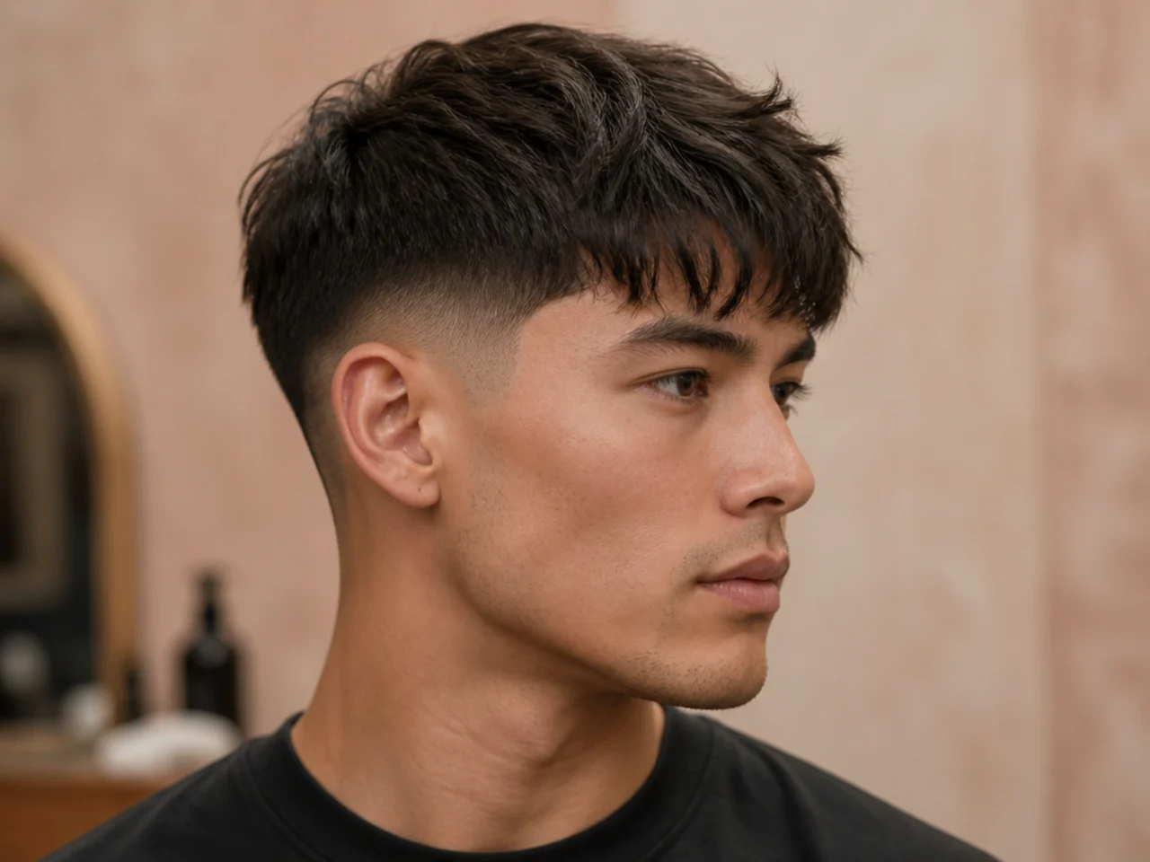 Fringe haircut with clean low fade sides and piecey textured top