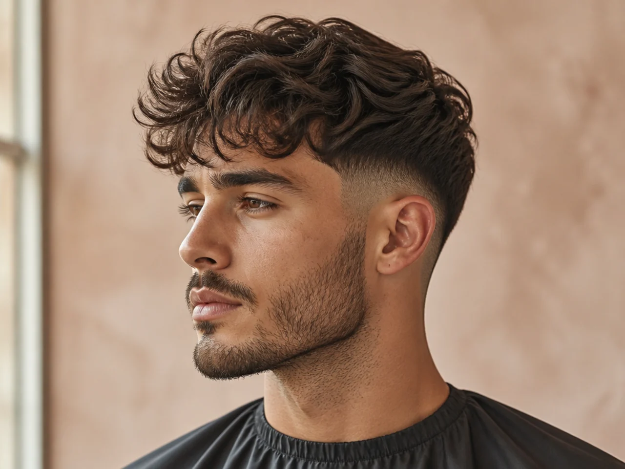 Mid fade with wavy forward-swept fringe and soft top volume