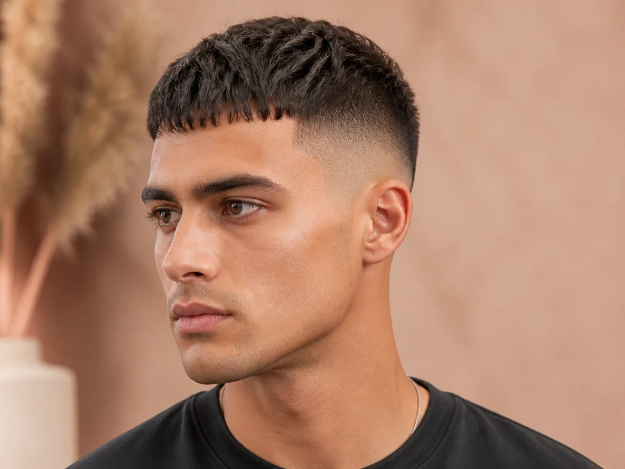 Skin fade with short micro-fringe cropped above the brow and clean edge