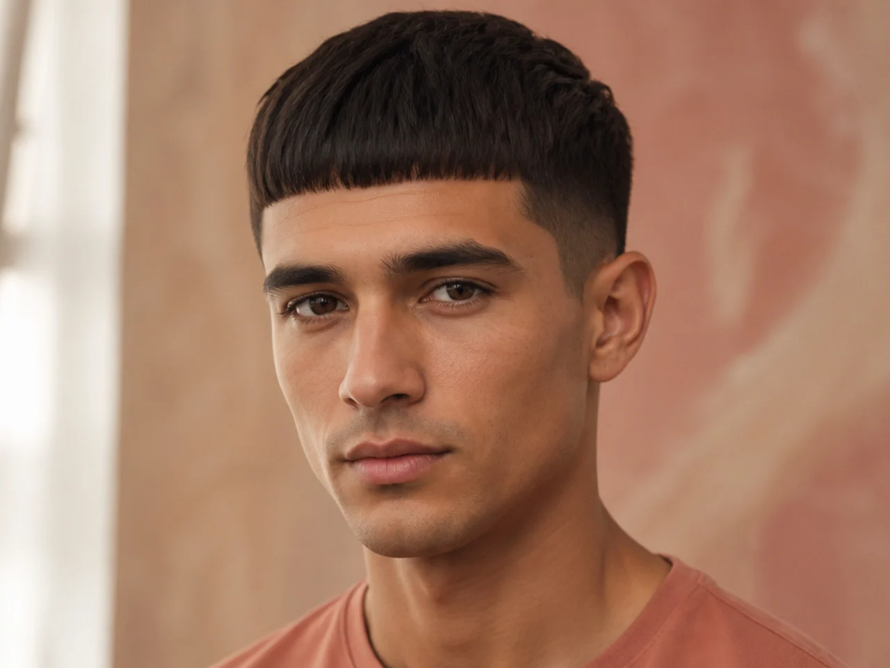 Straight-across blunt fringe with clean horizontal edge and tapered sides