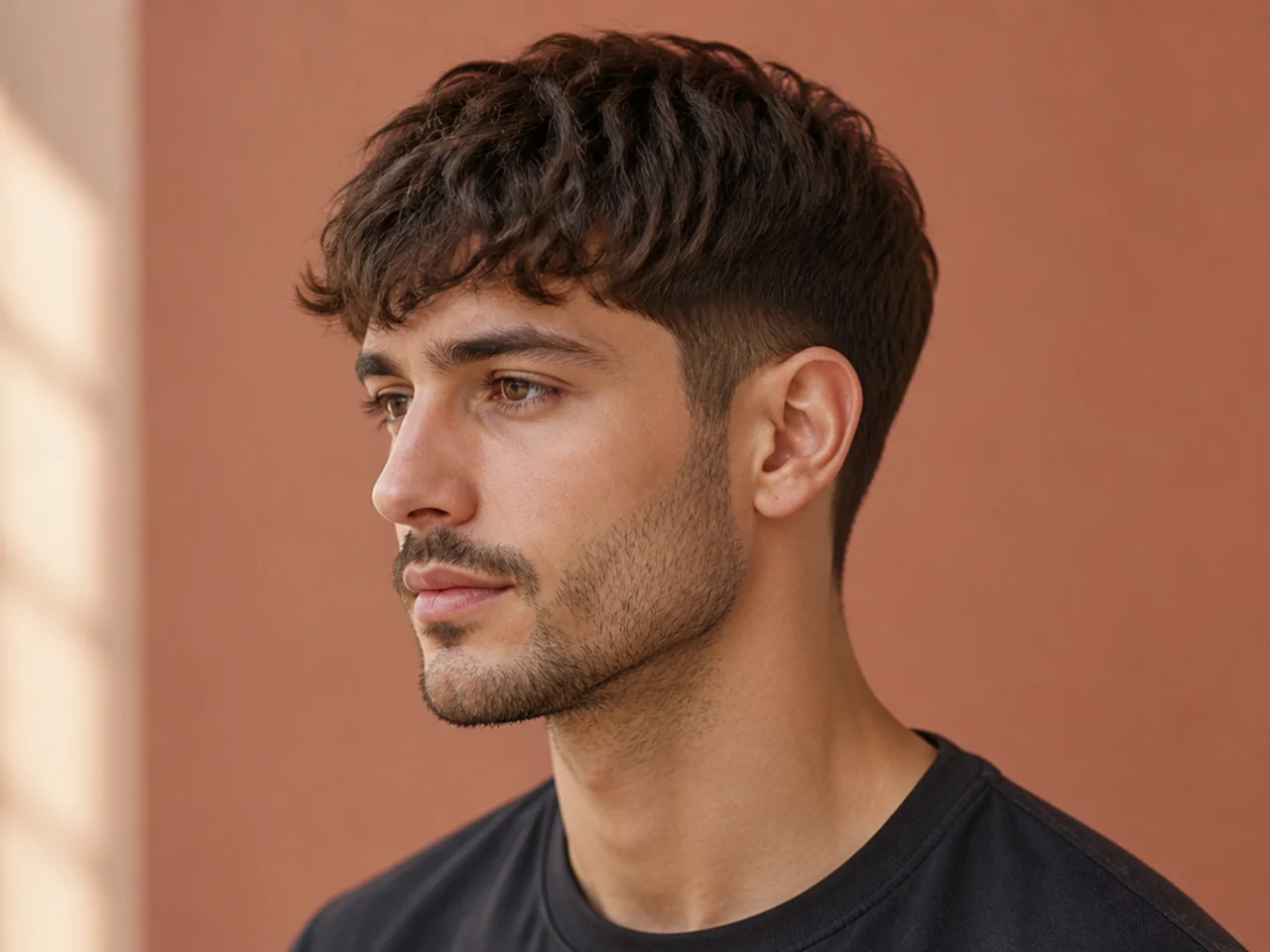 Low taper fade with soft textured fringe and effortless casual styling
