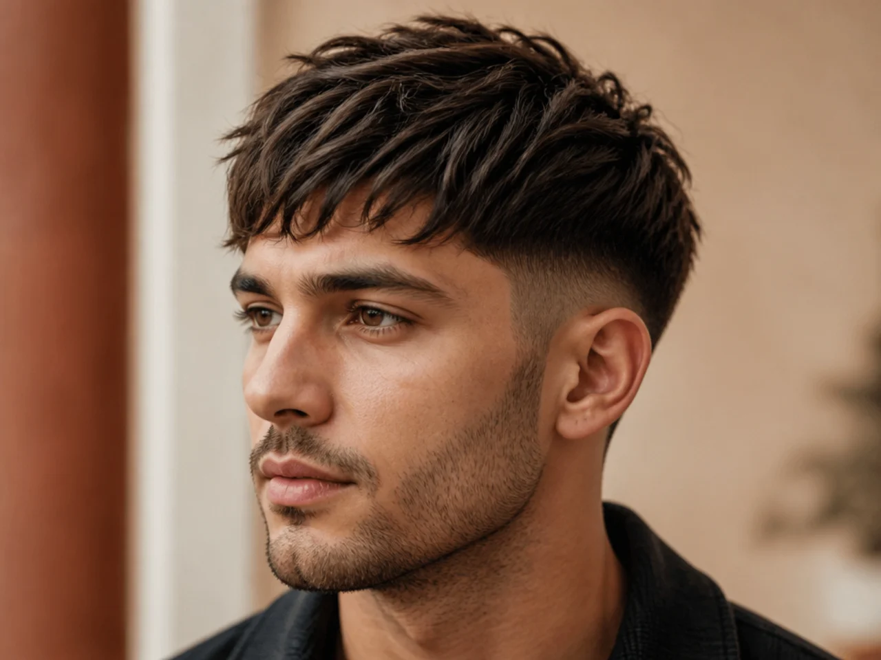 Modern piecey French crop with textured fringe and low fade sides