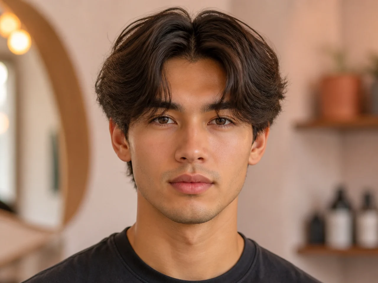 Middle-part fringe with soft curtains falling on either side and clean low sides