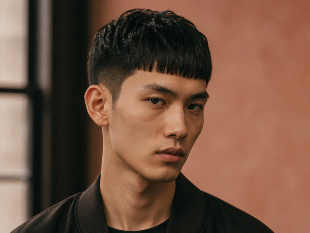 Editorial blunt fringe with sharp horizontal edge and clean tapered sides