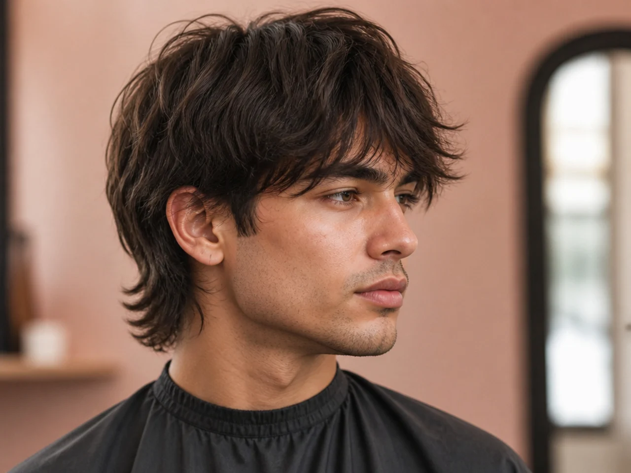 Feathered long fringe past the brows with soft layered texture and relaxed drop