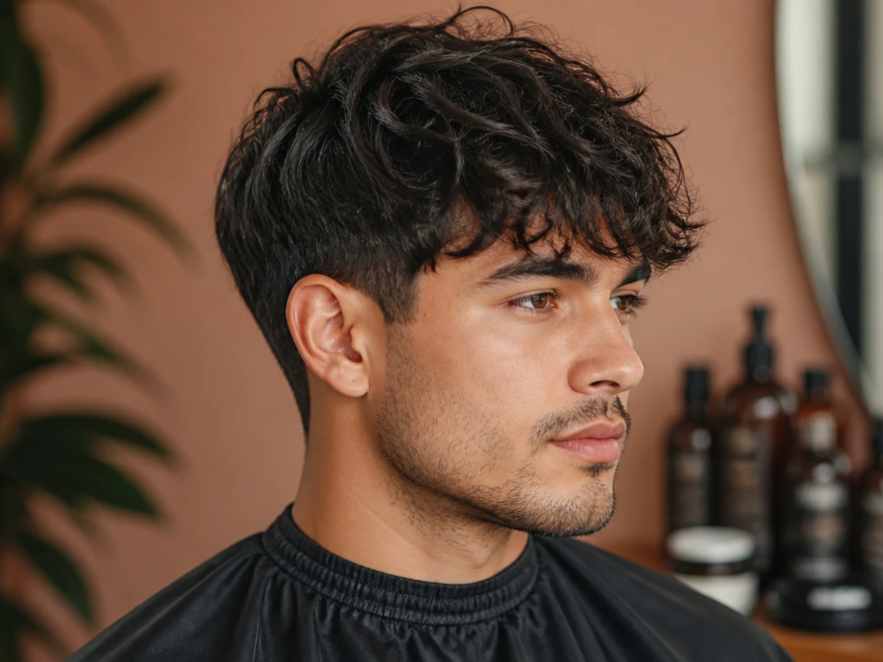 Styling products for an effortless fringe haircut arranged in a barbershop setting