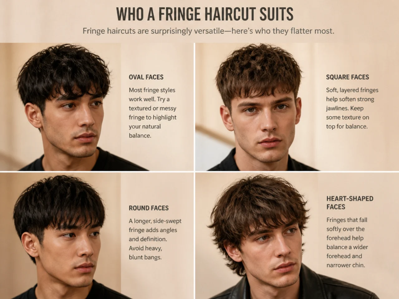 Barbershop three-quarter portrait showing how a modern fringe frames different face shapes