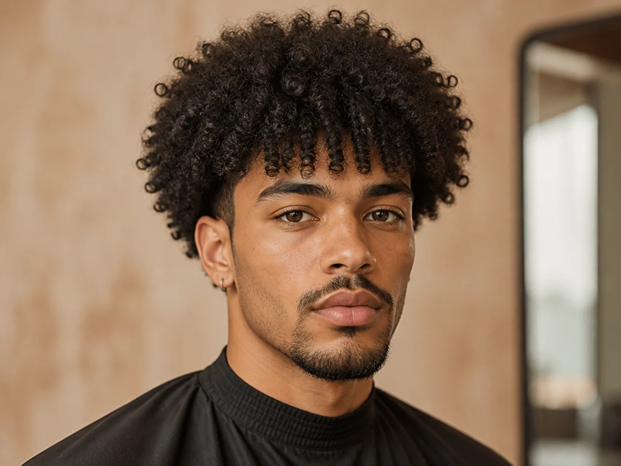 Afro fringe haircut with natural curls and soft forward shape