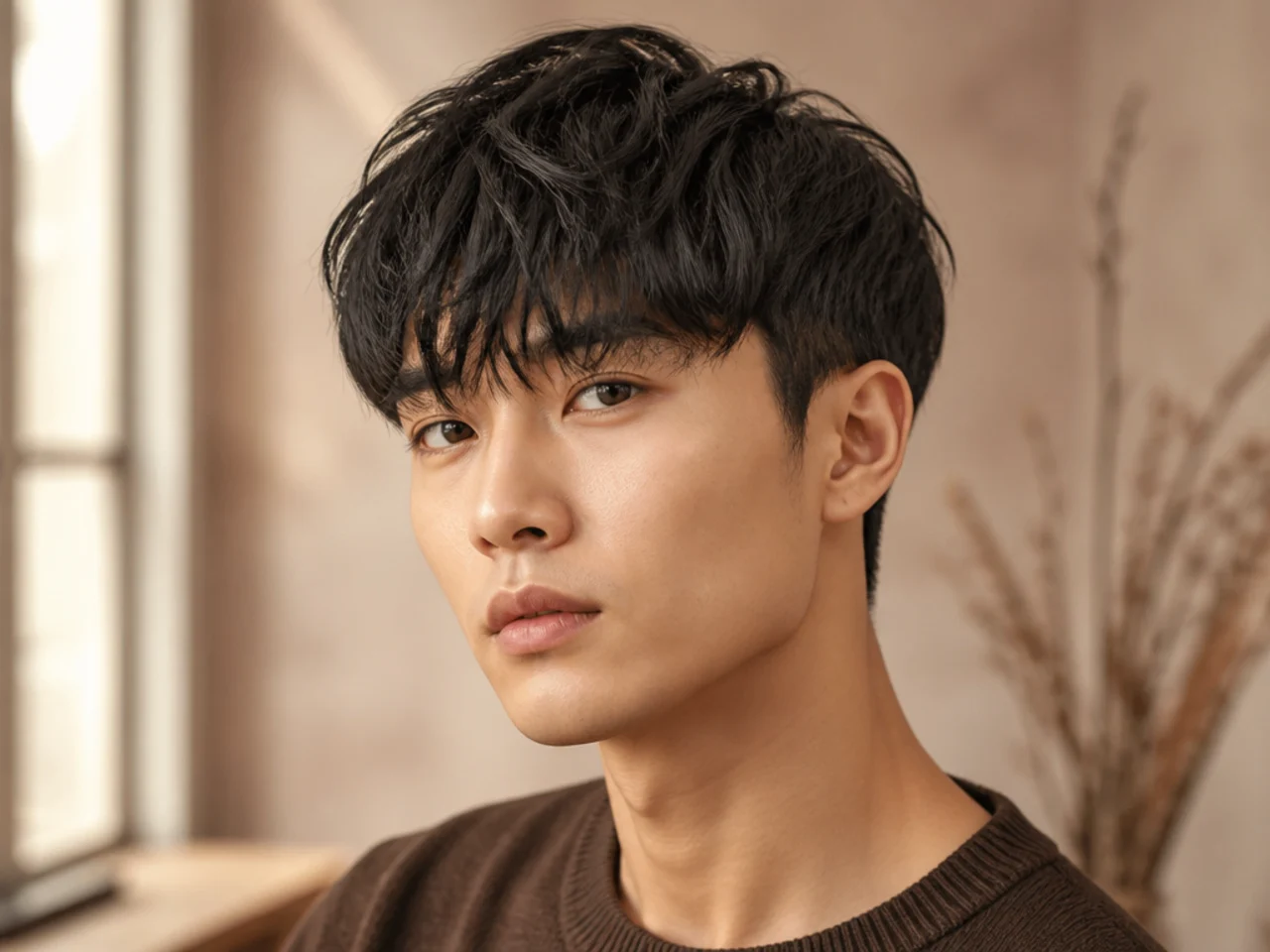 Asian fringe haircut with voluminous layered bangs and tapered fade