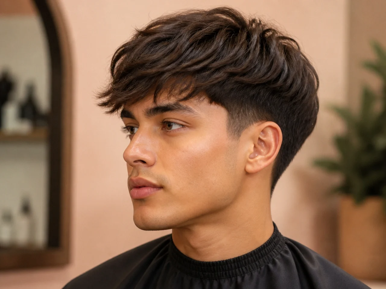 Blowout taper fringe haircut with modern volume and soft taper fade